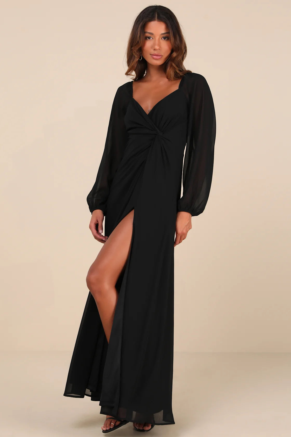 Composed Soiree White Twist-Front Long Sleeve Maxi Dress