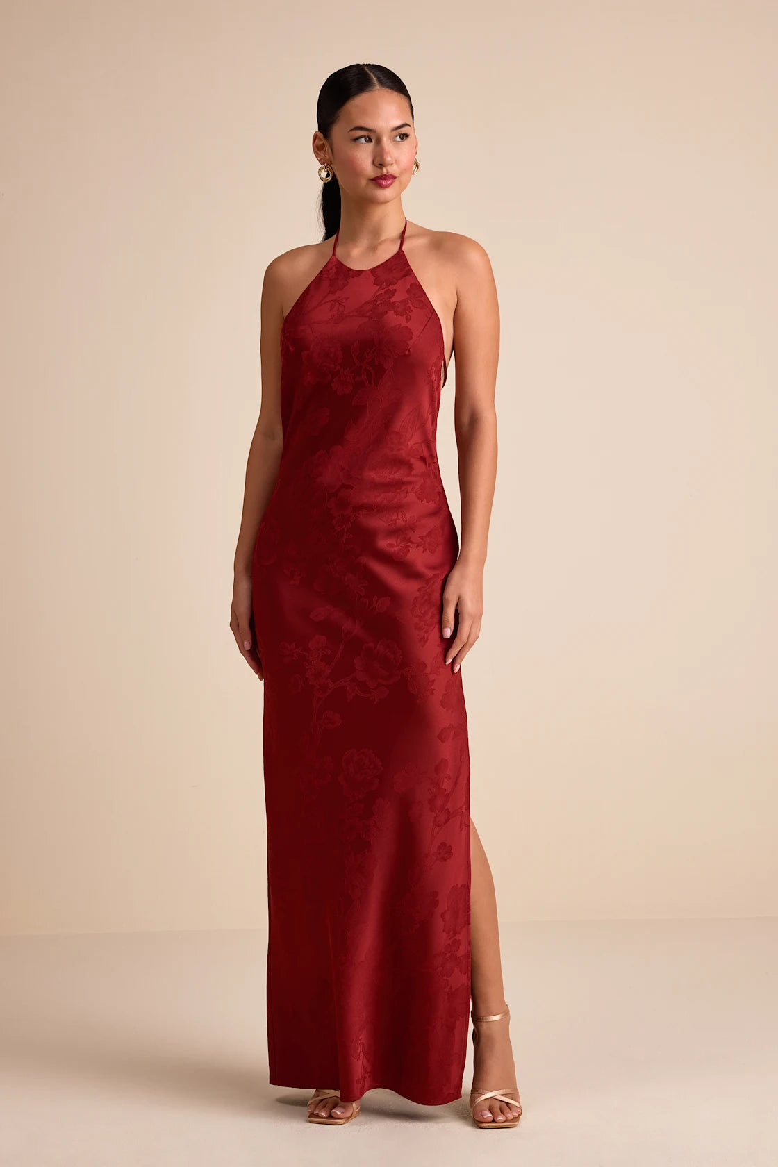 Ayura Rust Red Satin Jacquard Tie-Back Halter Maxi Dress