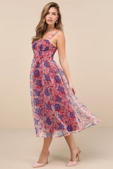 Delightful Look Magenta Floral Print Bustier Midi Skater Dress