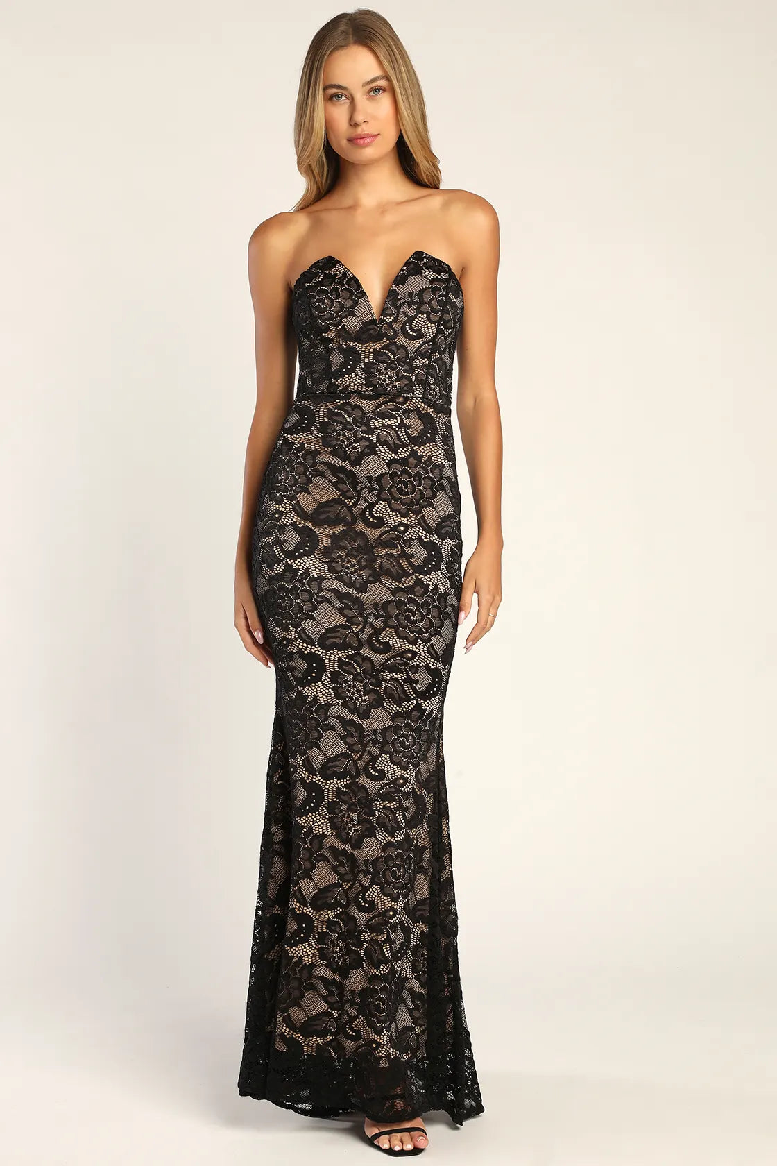 Sexy Sophistication Black Lace Strapless Trumpet Maxi Dress