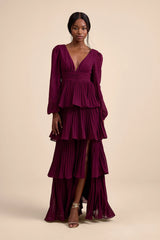 Graceful Finesse Navy Blue Pleated Long Sleeve Maxi Dress