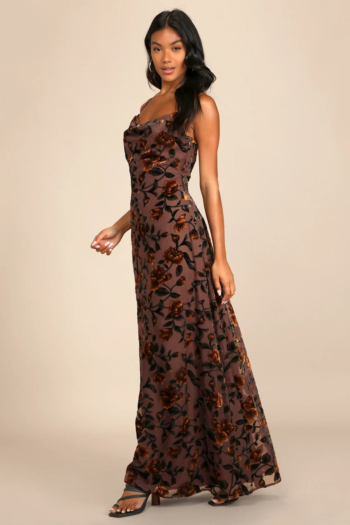 Romance in the Making Beige Floral Print Velvet Maxi Dress