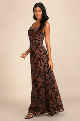 Romance in the Making Beige Floral Print Velvet Maxi Dress