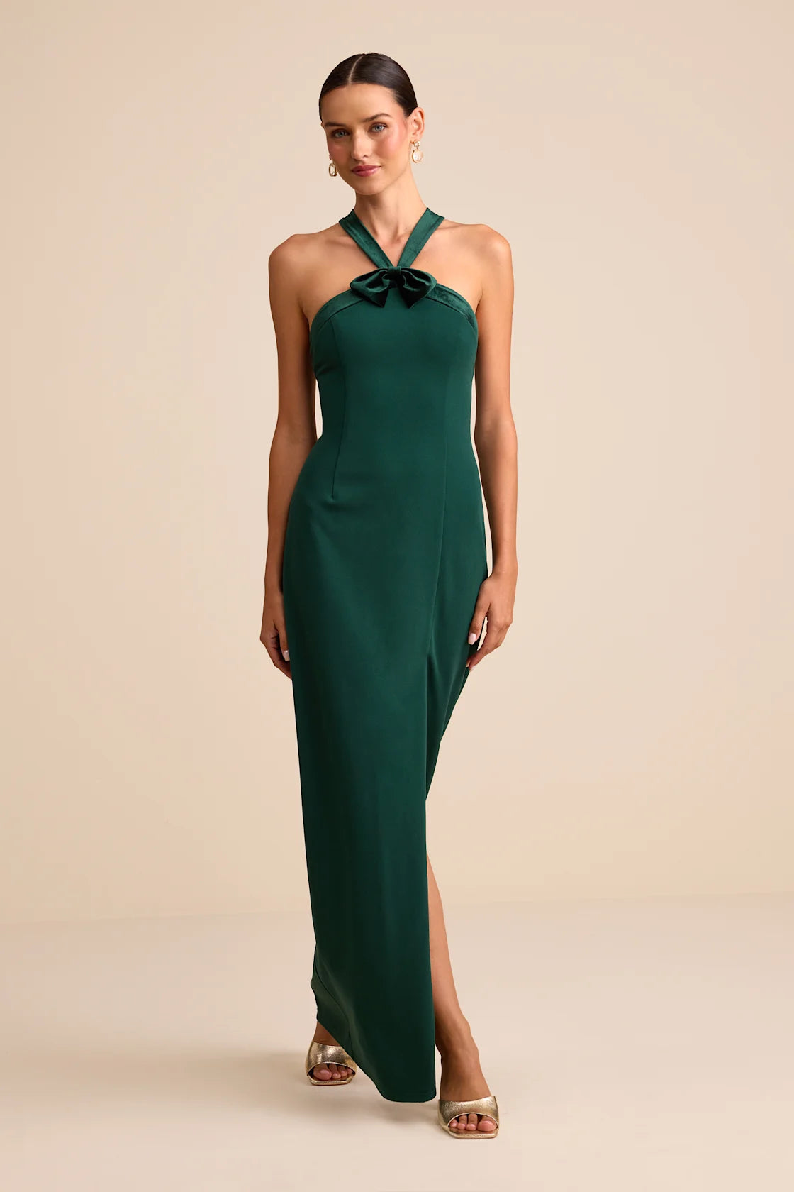 Bisian Green Velvet Bow Backless Apron Maxi Dress