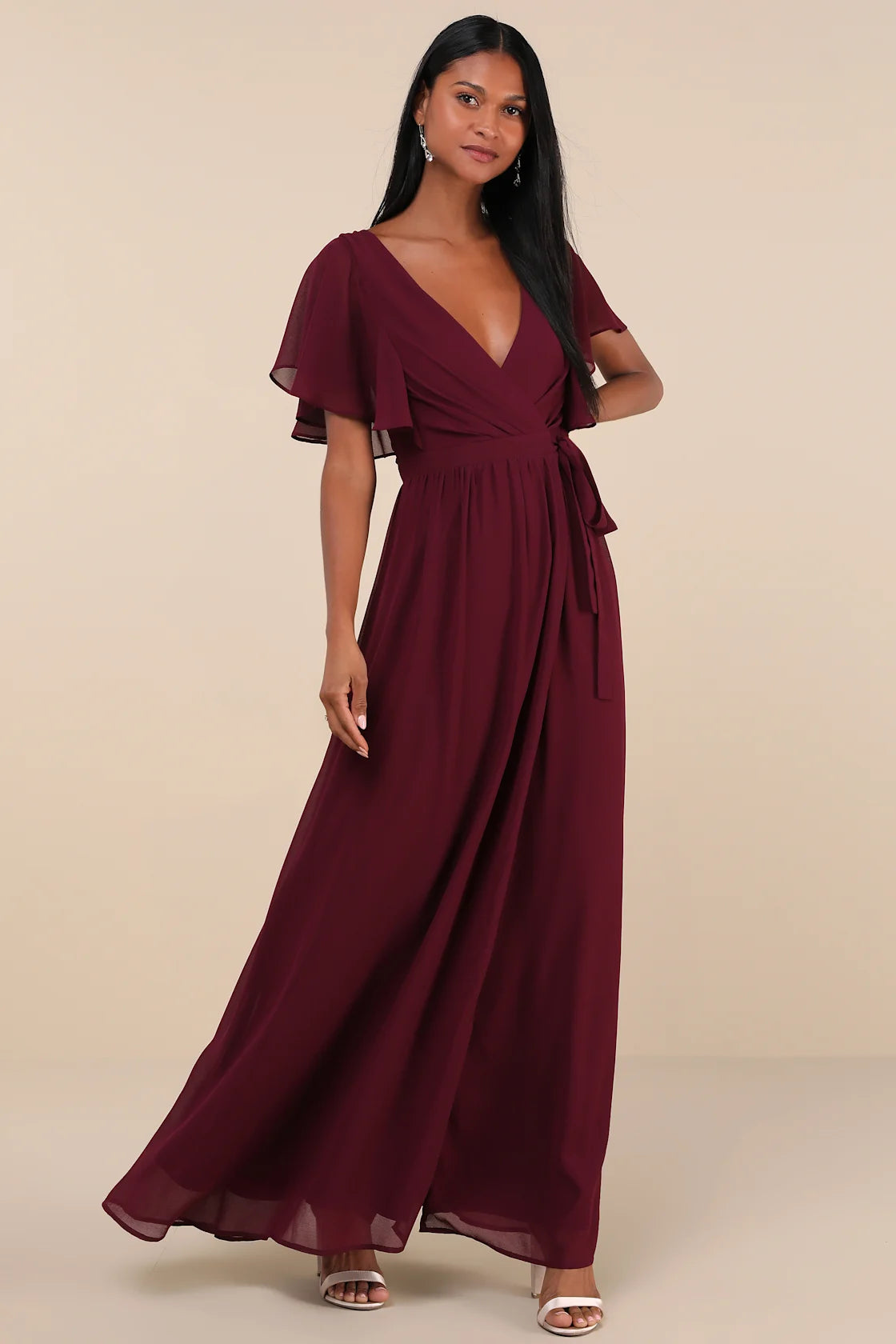 Convincing Grace Light Blush Flutter Sleeve Wrap Maxi Dress