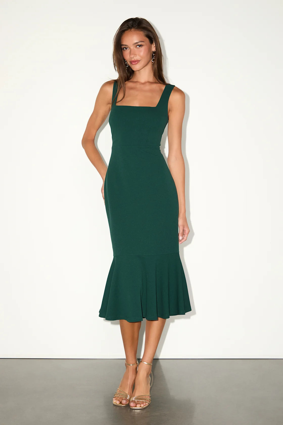 Moment Maker Emerald Square Neck Trumpet Midi Dress