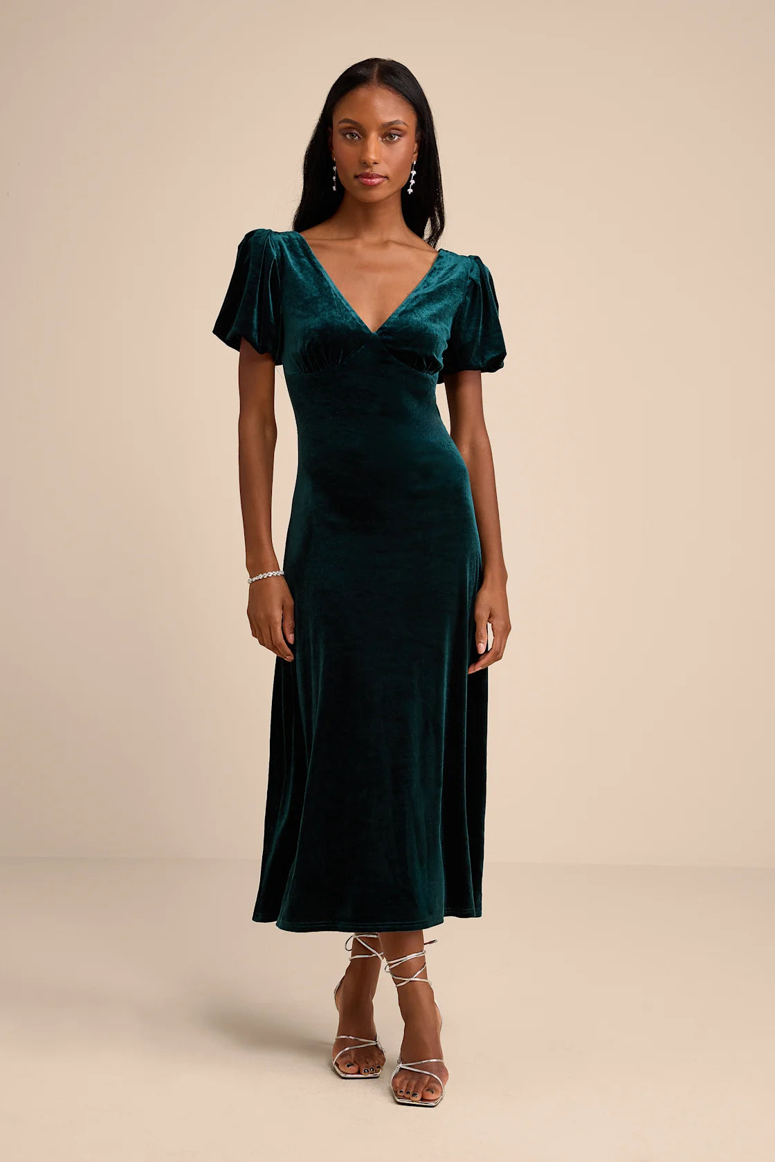 Obrissa Emerald Velvet Puff Sleeve Tie-Back Midi Dress