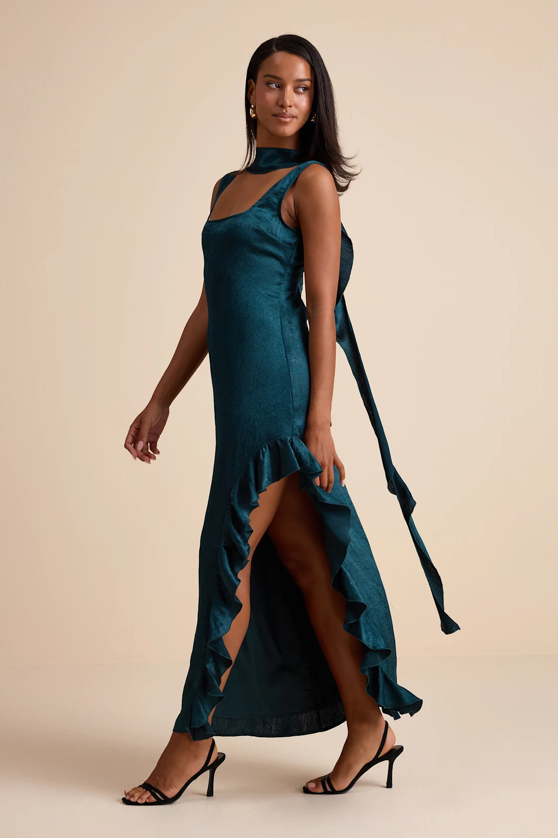 Adelise Teal Green Satin Ruffled Sash Scarf Maxi Dress
