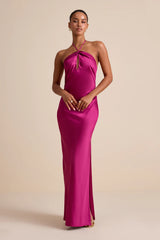 Gracie Magenta Satin Halter Neck Maxi Dress