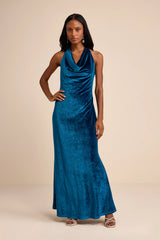 Elarina Champagne Velvet Cowl Halter Mermaid Maxi Dress
