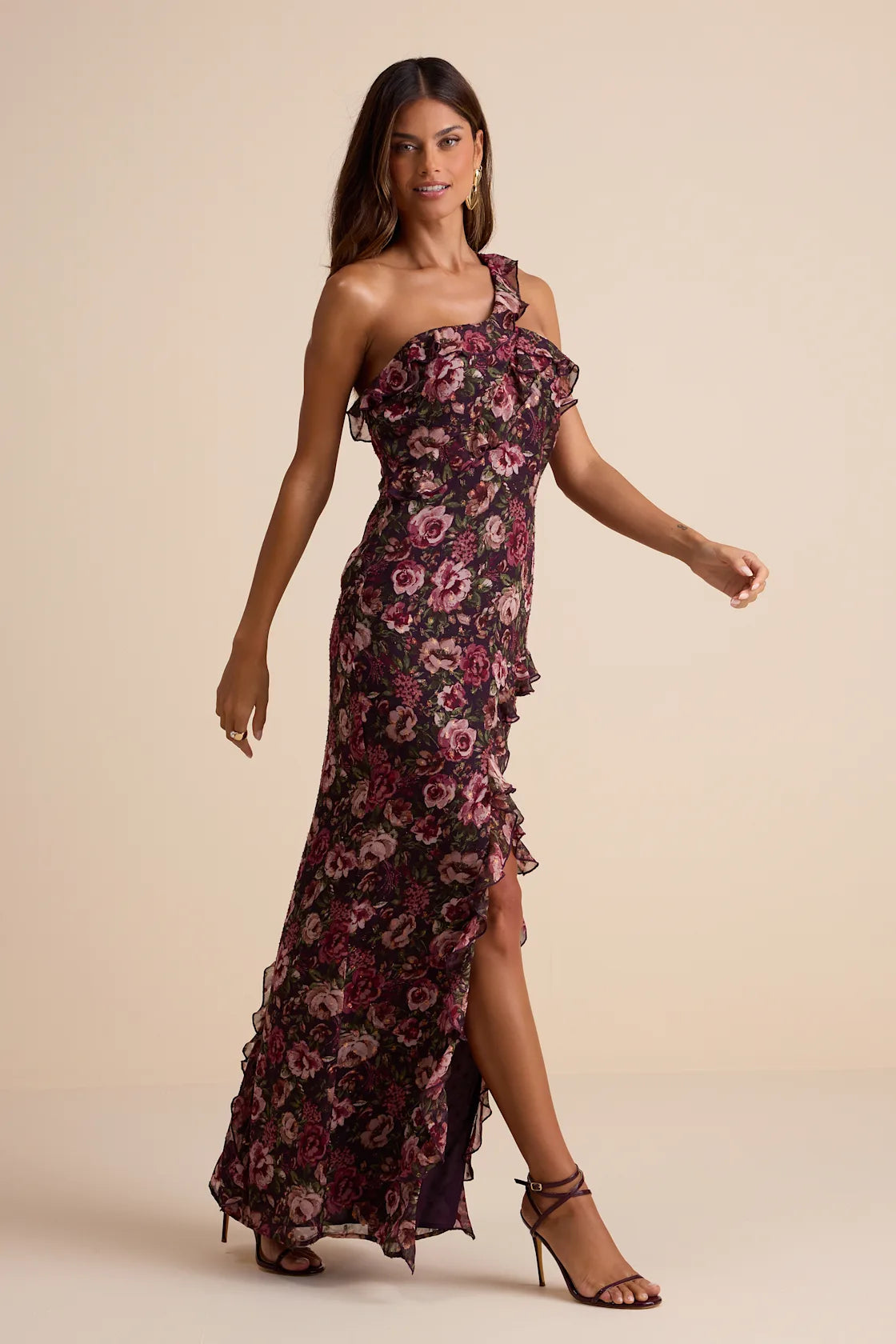 Bonelle Plum Multi Floral Metallic Clip Dot Ruffled Maxi Dress