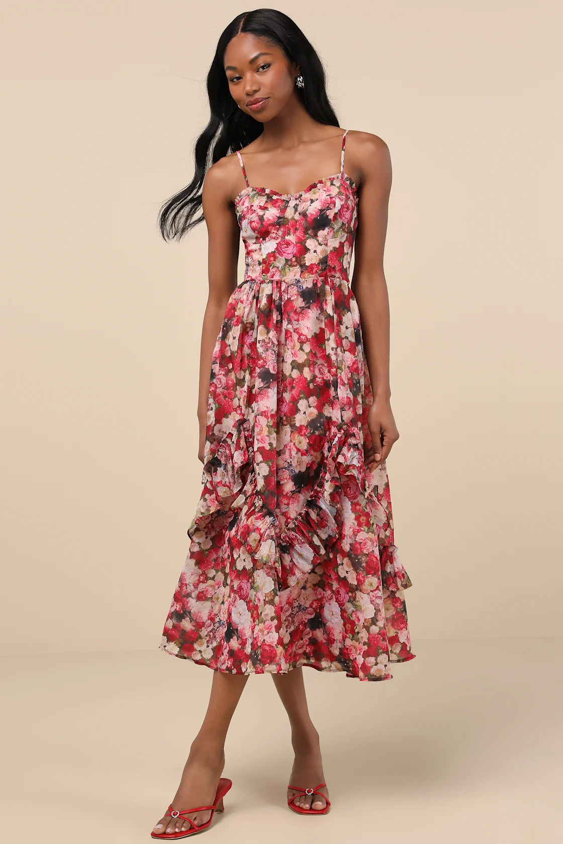 Maisley Red Multi Floral Bustier Ruffled Midi Dress