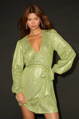 Sparkly Darling Silver Sequin Long Sleeve Wrap Dress