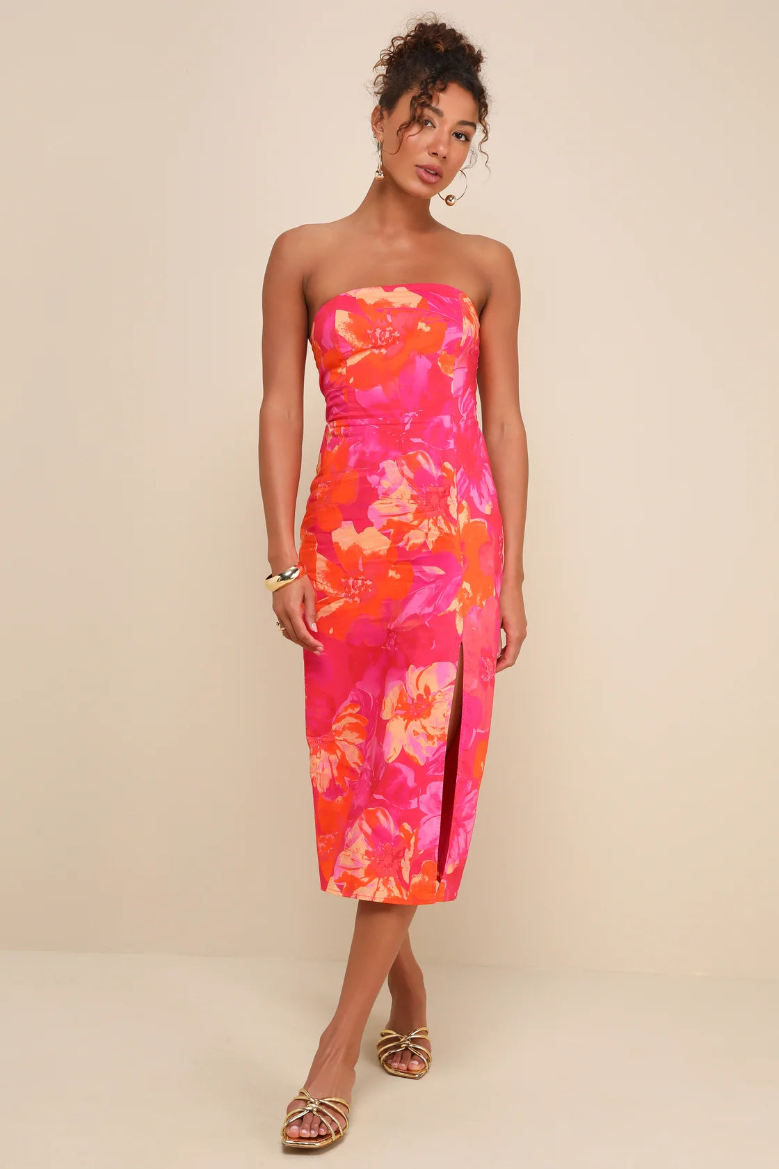 Bold Tendencies Fuchsia Floral Strapless Cutout Midi Dress