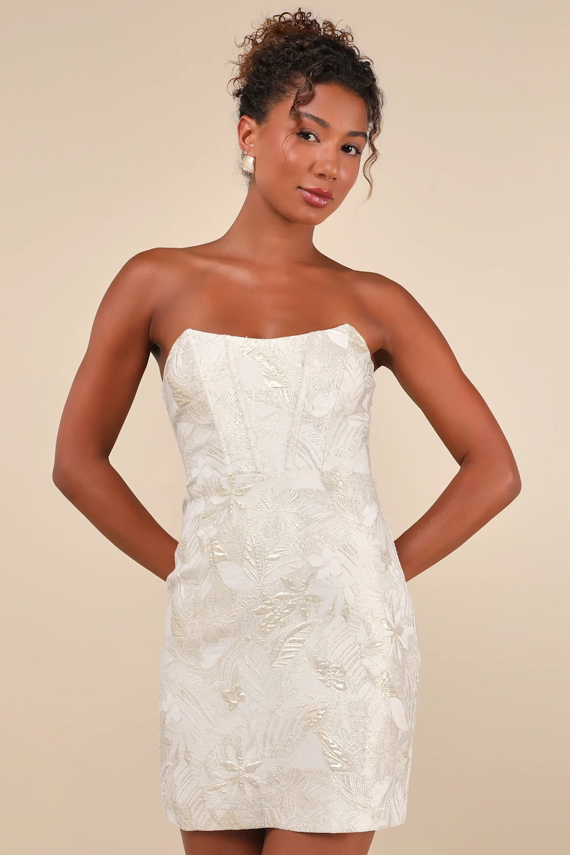 Enchanting Bombshell Cream Floral Jacquard Strapless Mini Dress