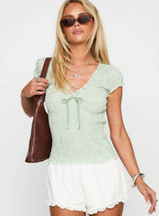 Coast To Coast Shirred Top Sage Check