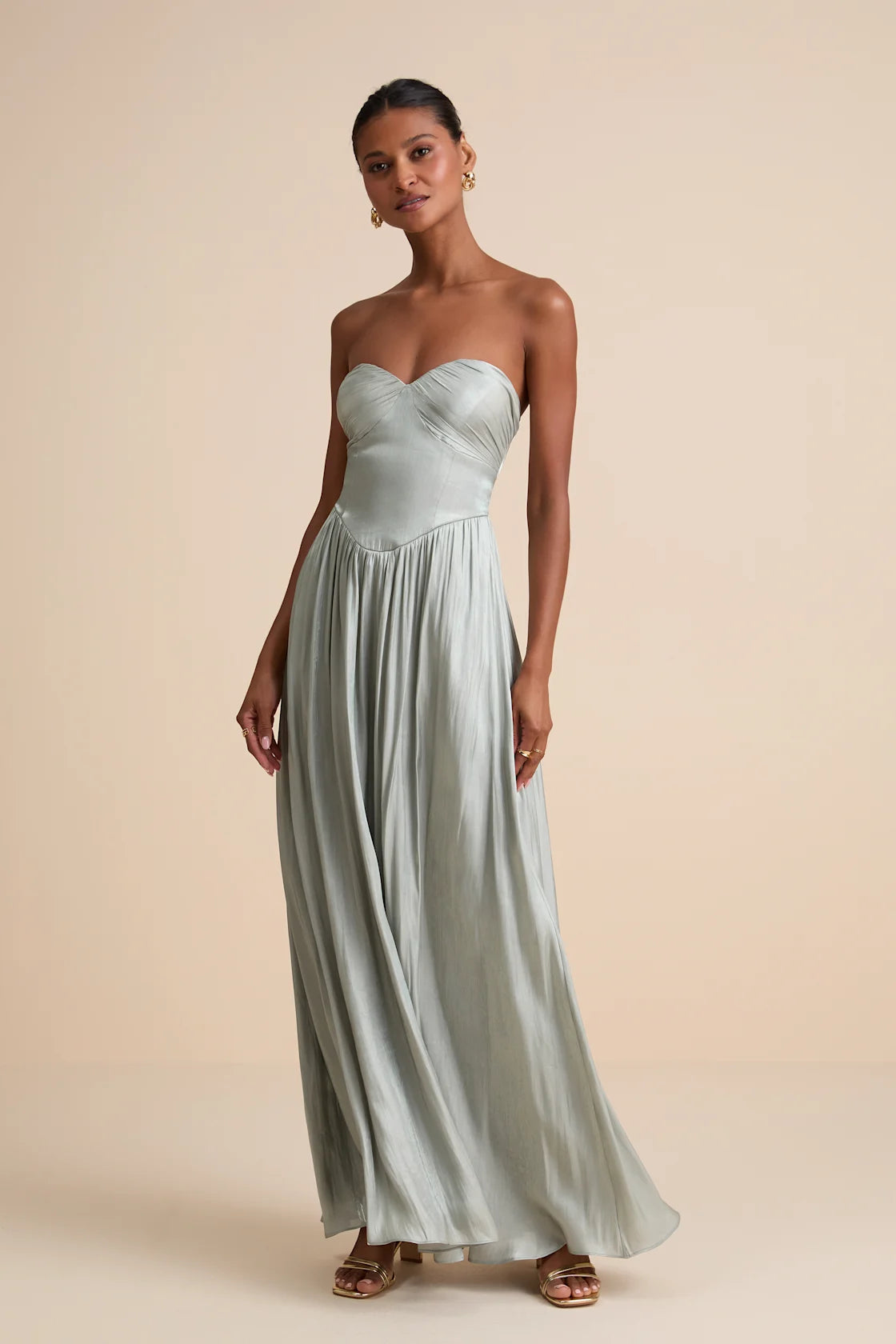 Kylin Sage Satin Basque Waist Maxi Dress