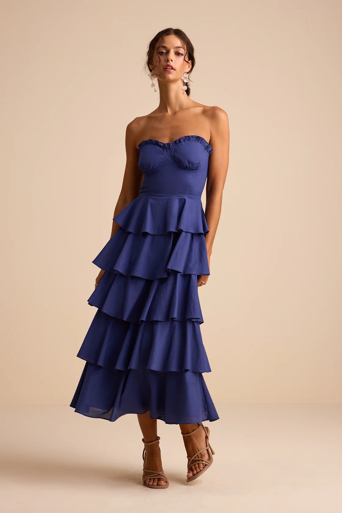 Nayha Blue Multi Floral Strapless Tiered Midi Dress