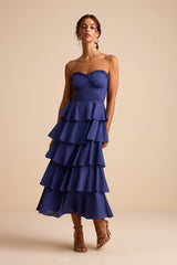 Nayha Blue Multi Floral Strapless Tiered Midi Dress