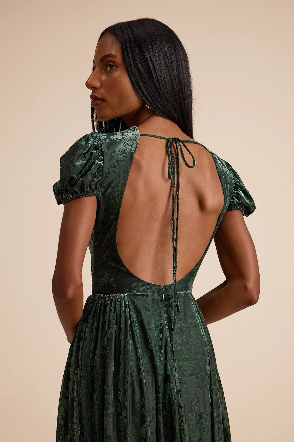 Arlie Emerald Velvet Burnout Puff Sleeve Midi Dress