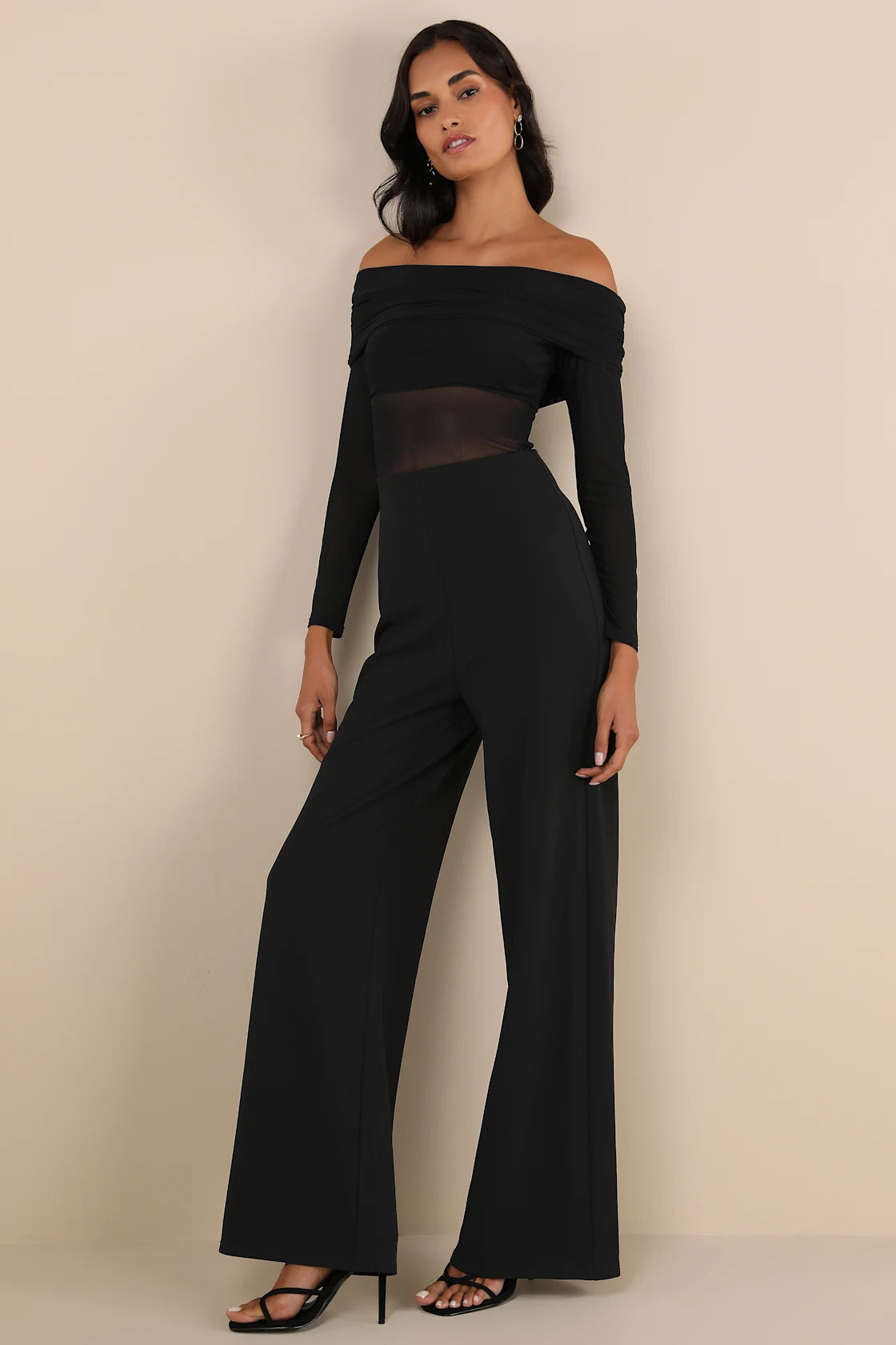 Sultry Statement Black Mesh Ruched Off-the-Shoulder Jumpsuit