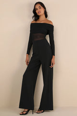 Sultry Statement Black Mesh Ruched Off-the-Shoulder Jumpsuit