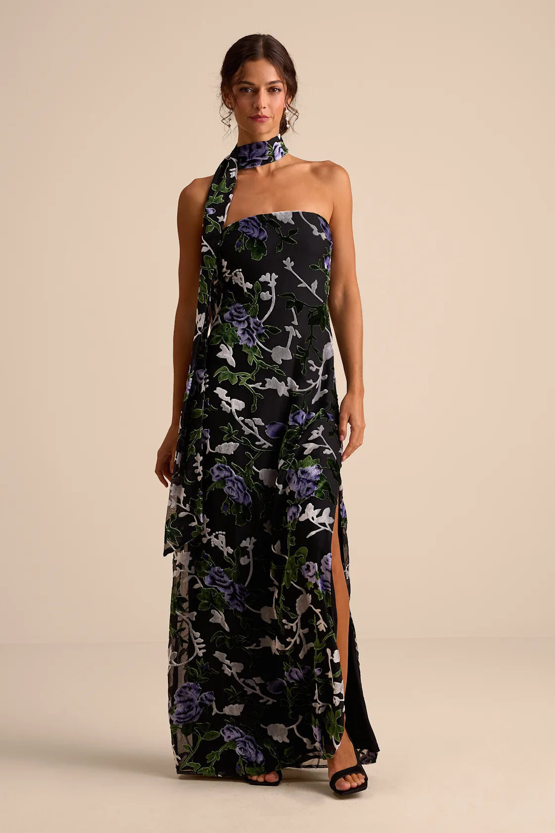 Corelia Blue Floral Velvet Burnout Strapless Sash Maxi Dress