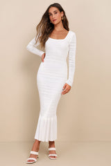 Sunset Moments White Crochet Long Sleeve Trumpet Midi Dress