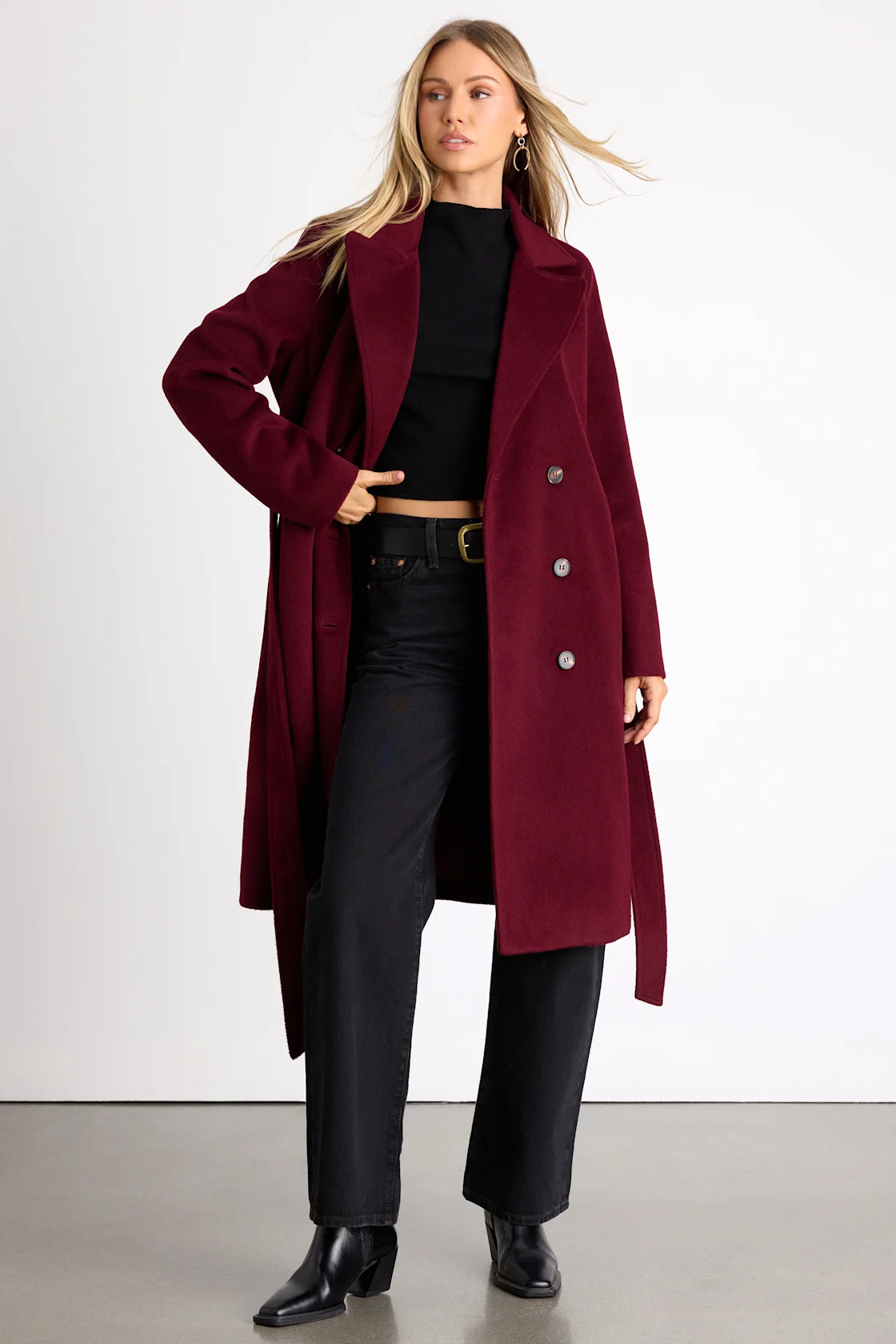 Season of Sophistication Burgundy Double-Breasted Coat