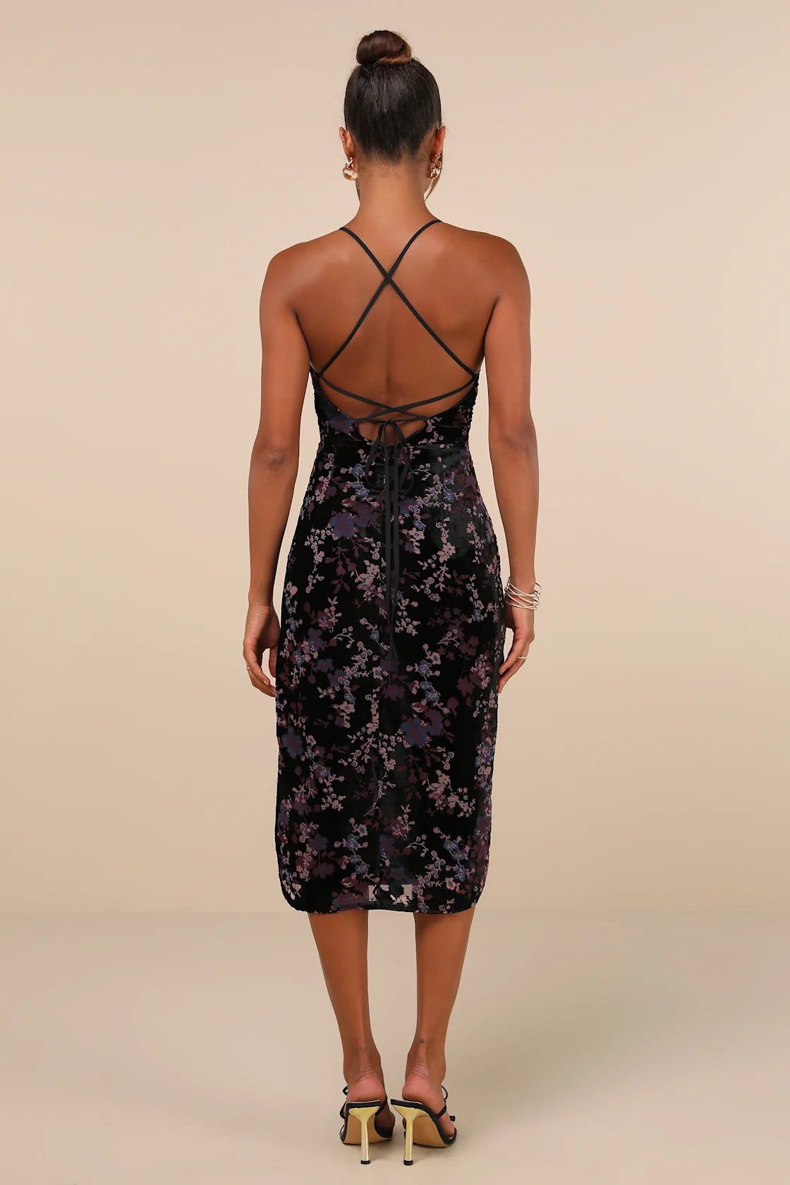 Elegant Persuasion Black Burnout Velvet Lace-Up Midi Dress
