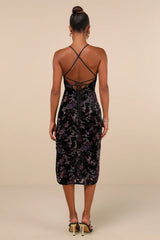 Elegant Persuasion Black Burnout Velvet Lace-Up Midi Dress