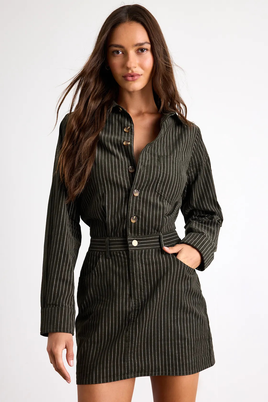 Divina Dark Olive Pinstriped Twill Collared Mini Dress