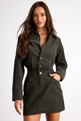 Divina Dark Olive Pinstriped Twill Collared Mini Dress