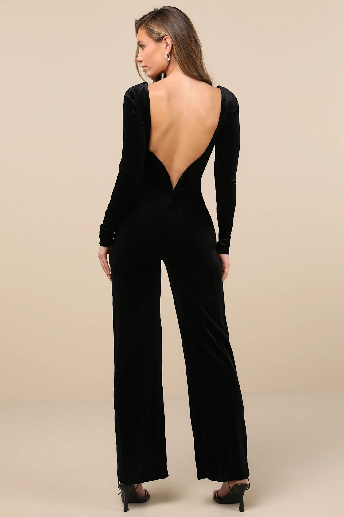 Instant Stunner Black Velvet Backless Jumpsuit