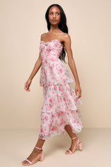 Immaculate Cutie Light Pink Floral Sleeveless Tiered Midi Dress
