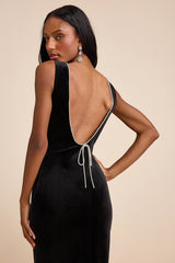 Barisan Black Velvet Rhinestone Bow Backless Maxi Dress