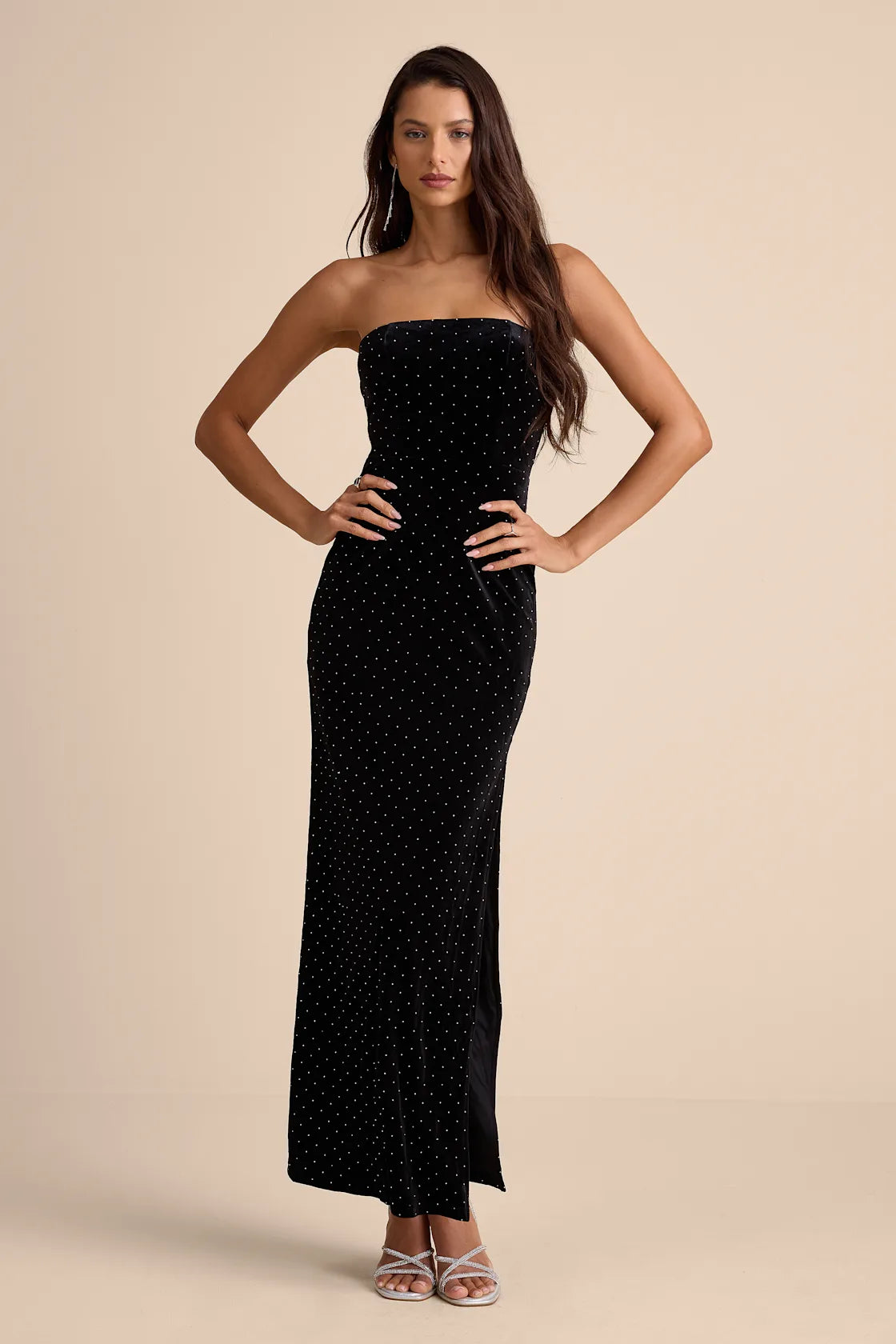 Dreamy Choice Black Rhinestone Strapless Maxi Dress