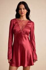 Emberlyn Rusty Rose Satin Lace Long Sleeve Mini Dress