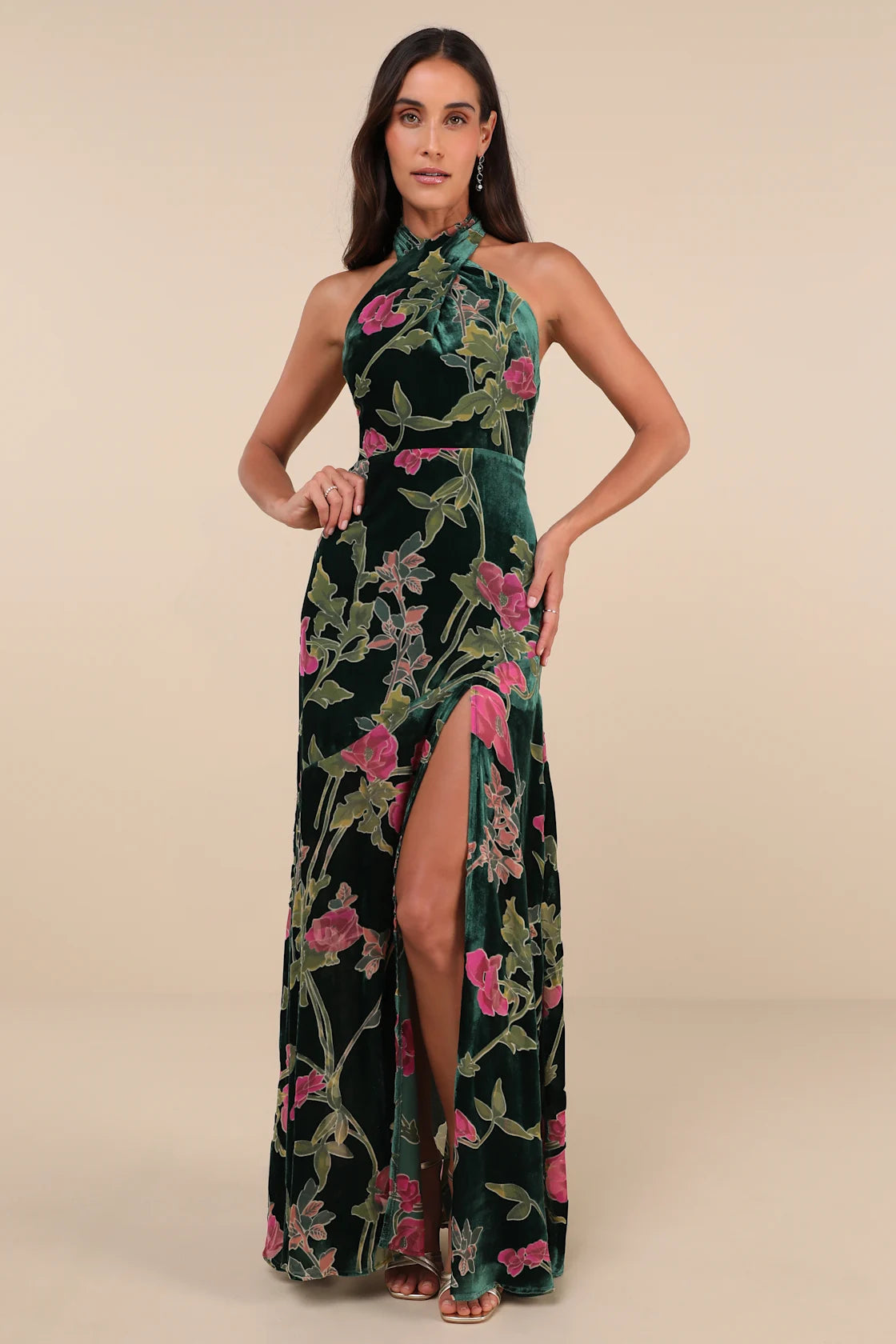 Flawlessly Gorgeous Green Burnout Floral Halter Maxi Dress