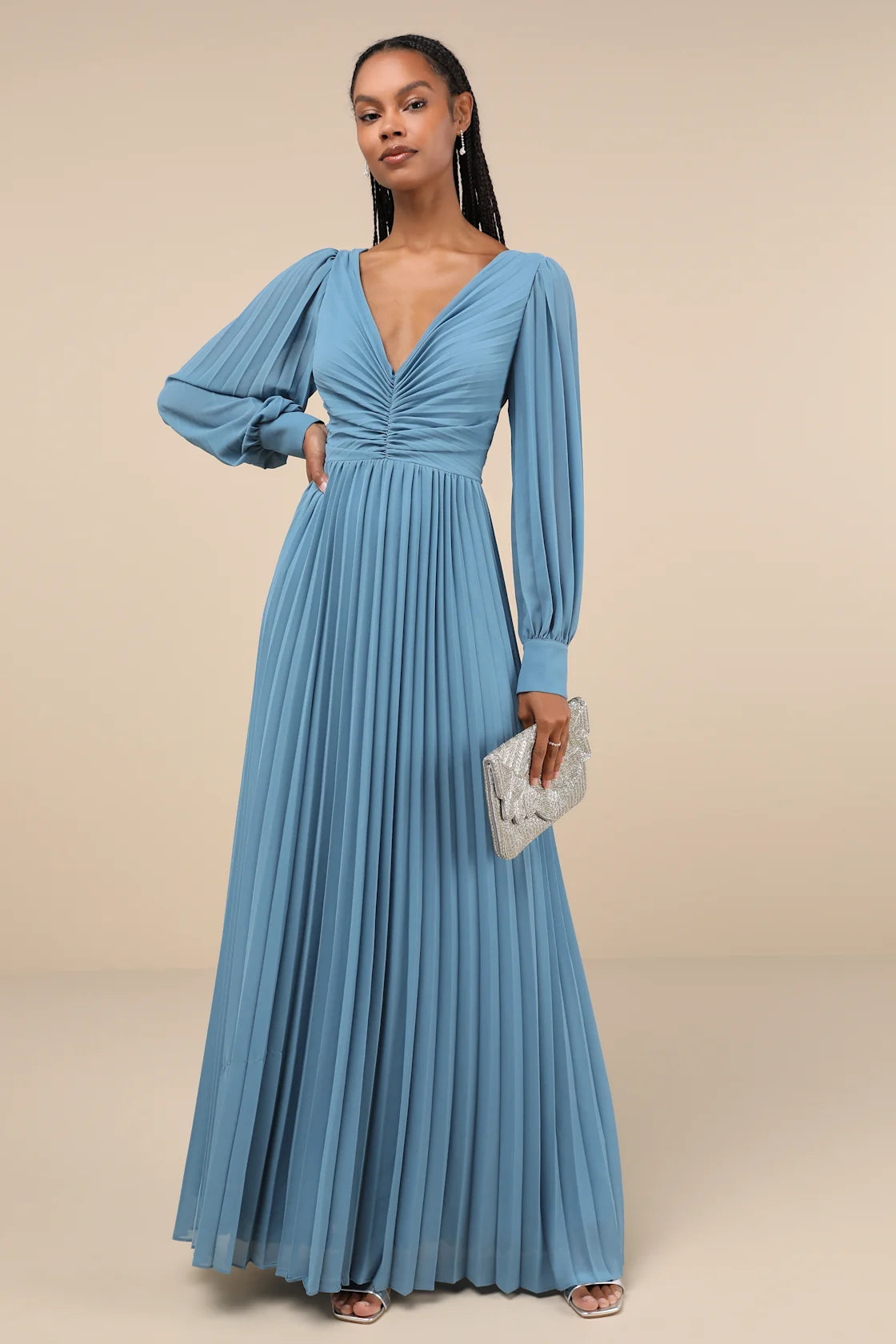 Sophisticated Grace Slate Blue Pleated Long Sleeve Maxi Dress