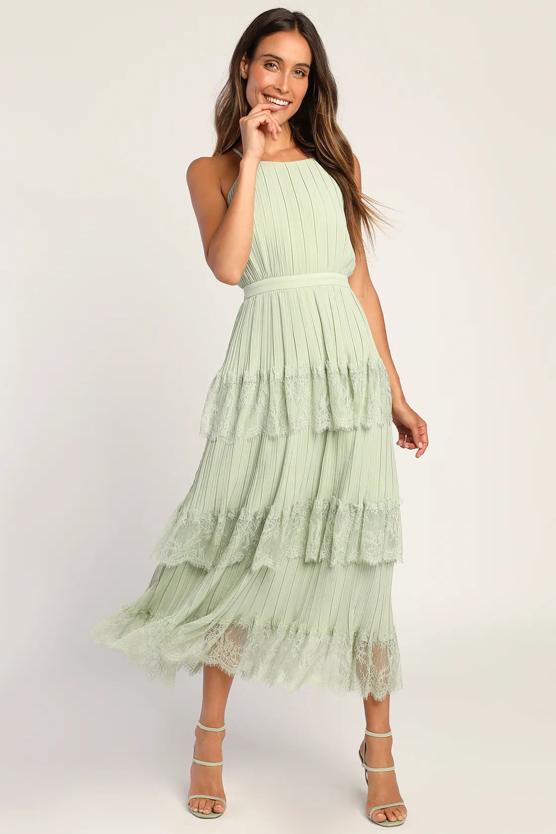 Came For Cocktails Light Blue Pleated Tiered Lace Maxi Dress
