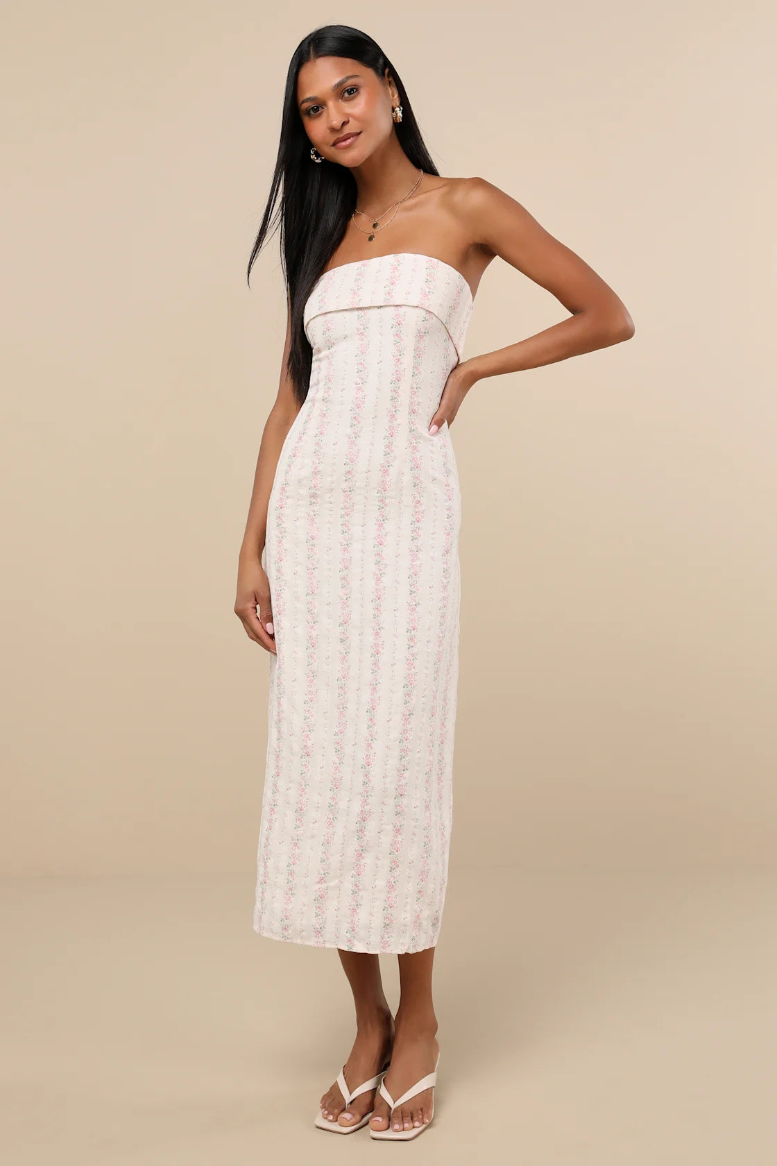 Cosetta Ivory Floral Strapless Midi Dress