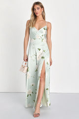 Radiant Occasion Light Green Floral Satin A-Line Maxi Dress