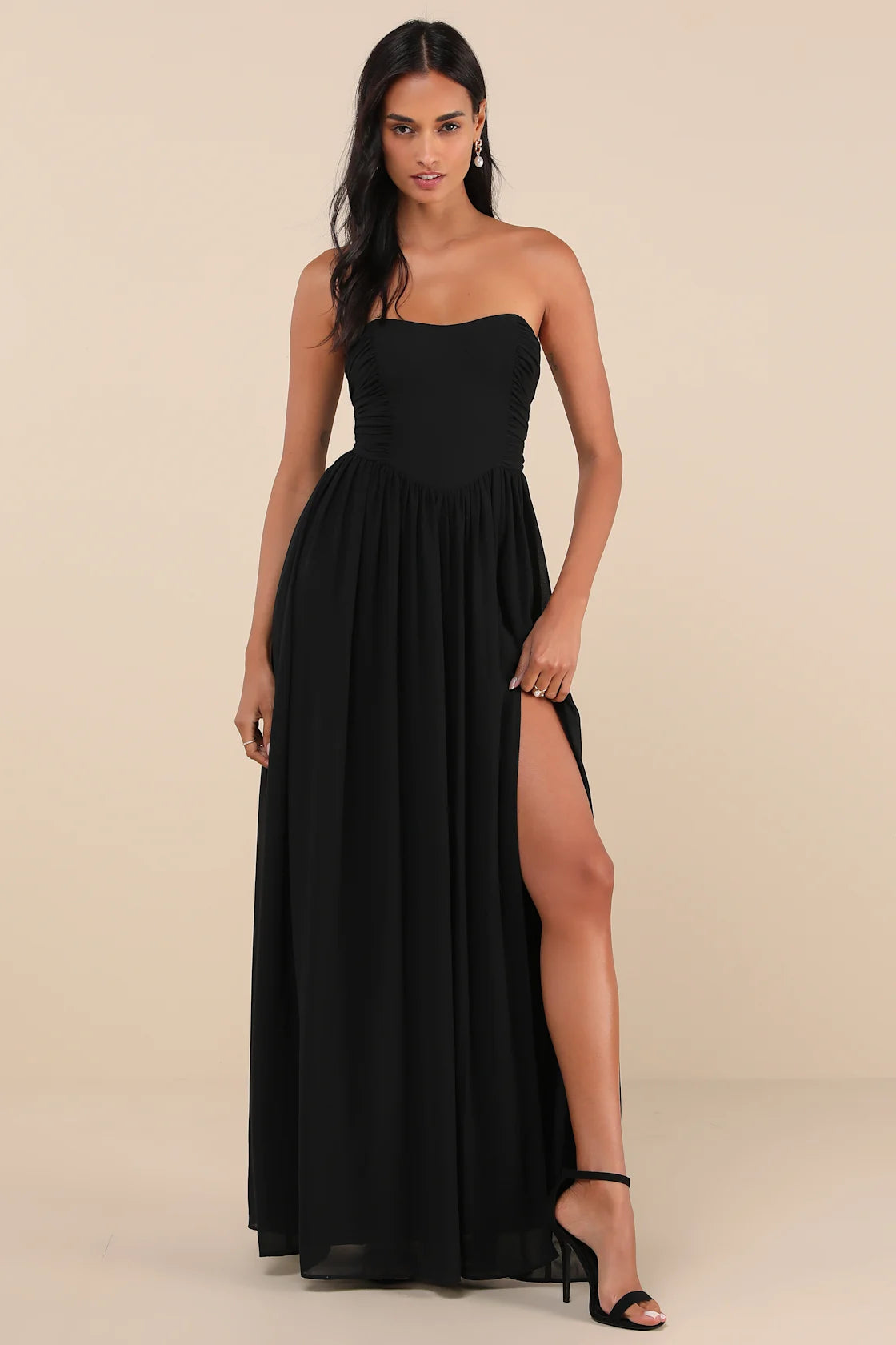 Luxe Favorite Peach Pink Strapless Ruched Maxi Dress