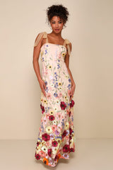 Thriving Poise Teal 3D Floral Embroidered Tie-Strap Maxi Dress