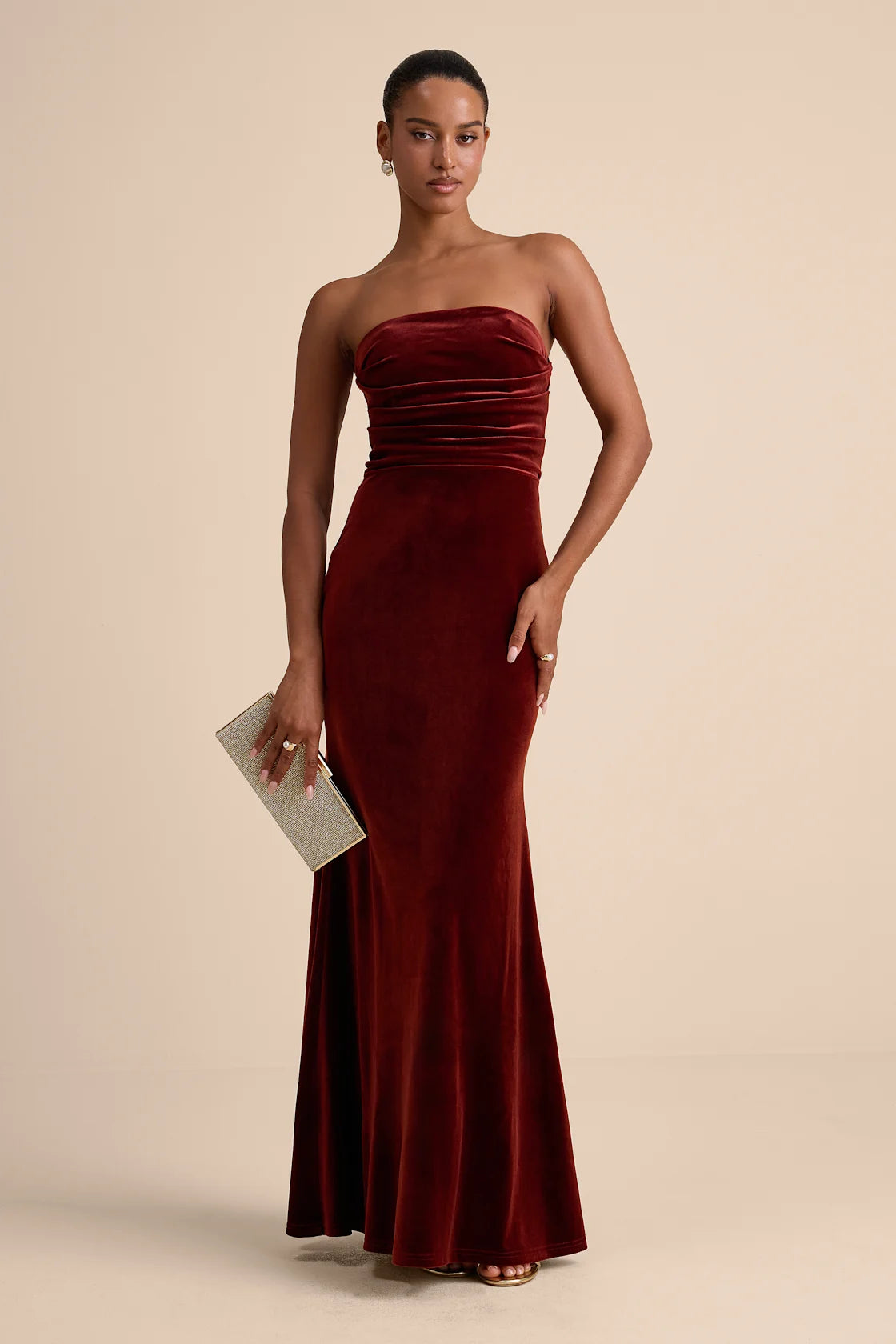 Maren Olive Velvet Strapless Mermaid Maxi Dress