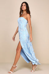 Rare Presence Navy Blue 3D Floral Embroidered Maxi Dress