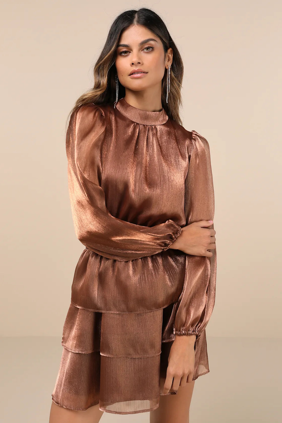 Ideal Behavior Bronze Metallic Backless Tiered Mini Dress