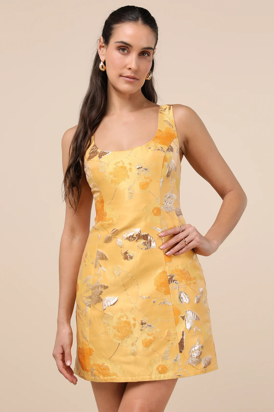 Kaloni Yellow Jacquard Lurex Sleeveless Mini Dress