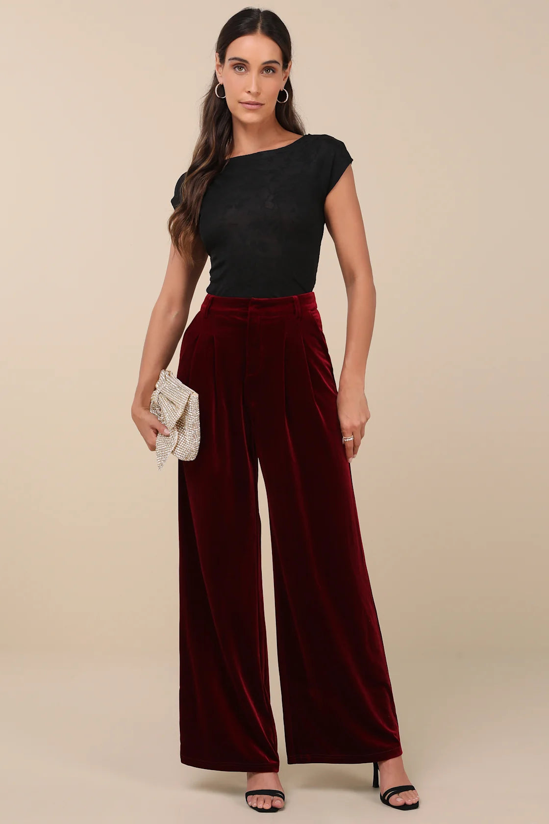 Chic Splendor Dark Mauve Velvet Pleated High-Rise Wide-Leg Pants